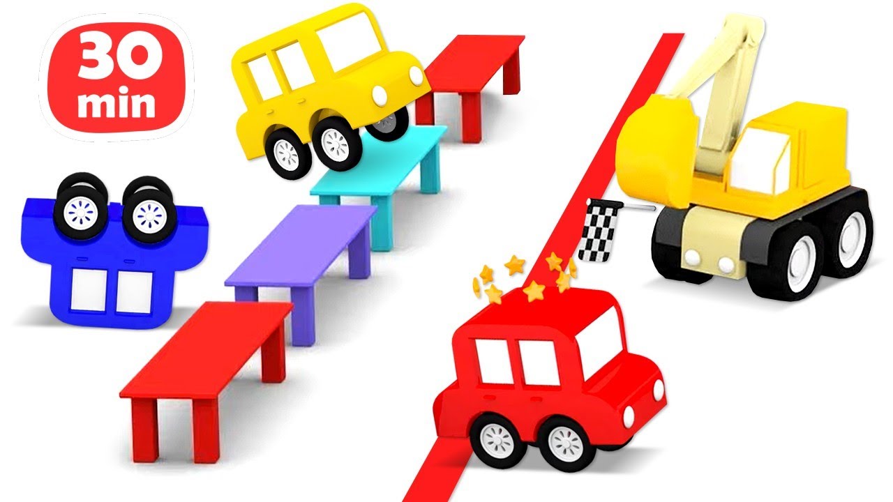 30 MIN de courses des 4 voitures colorées. Dessin animé pour enfants.