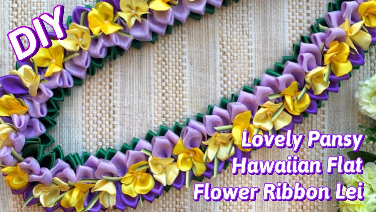 How To Make Purple Yellow Pansy Hawaiian Flat Ribbon Lei DIY for Graduation Lei or Special Events