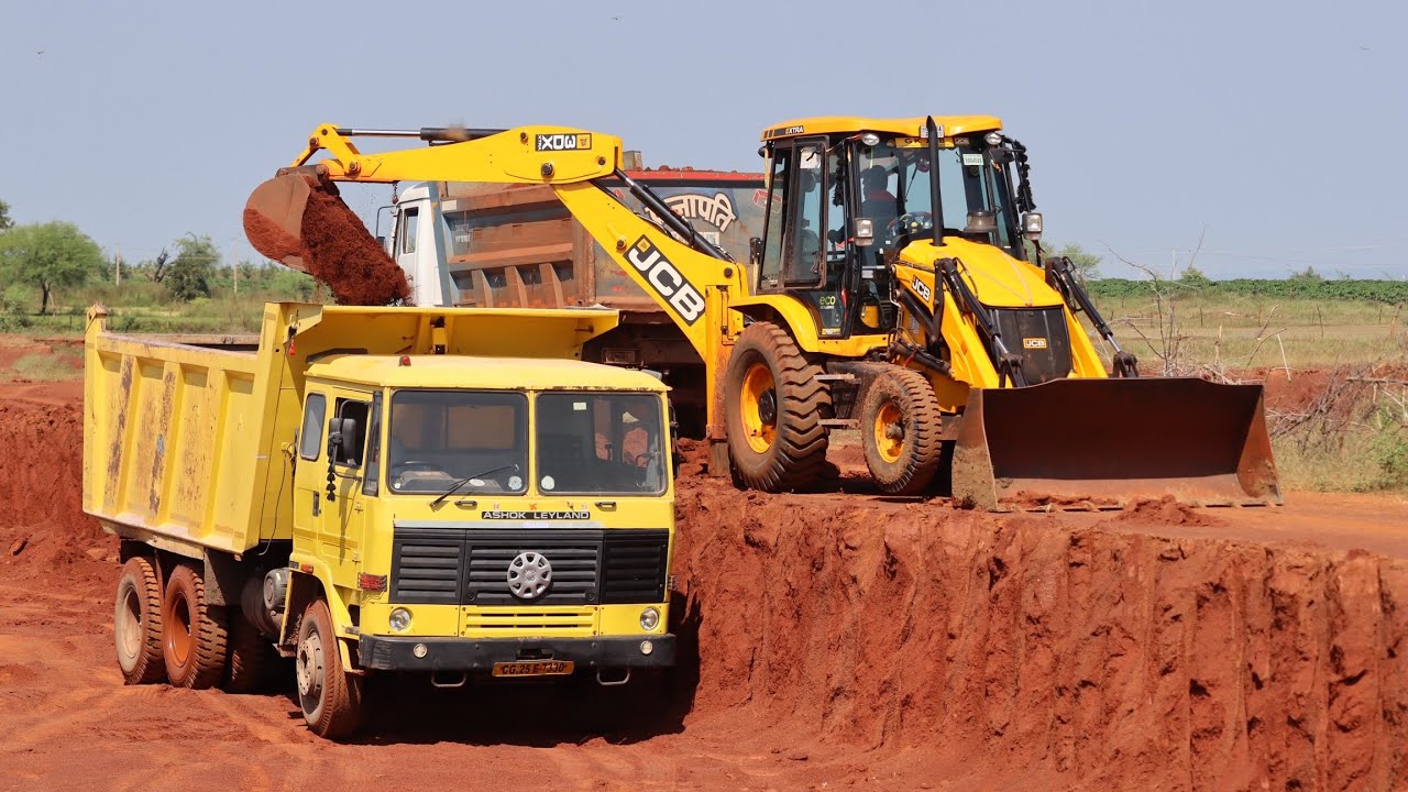 JCB 3dx Working for Pond making with Ashok Leyland Truck and Tata Truck