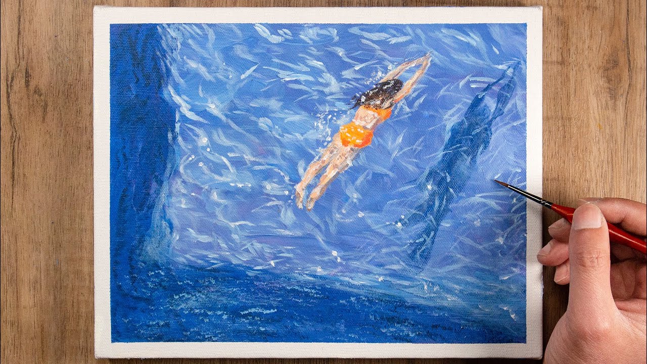 Painting a Swimmer in the Pool | Easy Acrylic Painting Tutorial For Beginners Step By Step