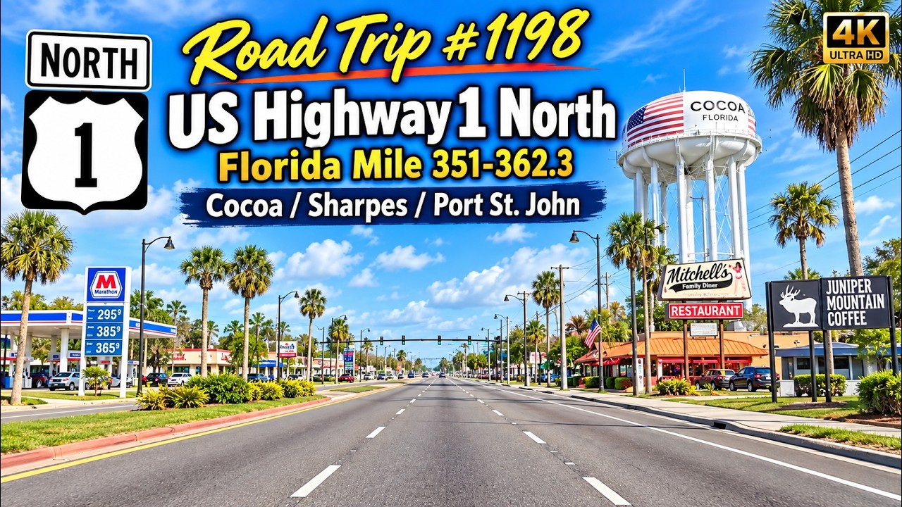 ⁴ᴷ Автопутешествие № 1198 - Шоссе US-1 N - Флорида, мили 351-362,3 | Кокоа / Шарпс / Порт-Сент-Джон