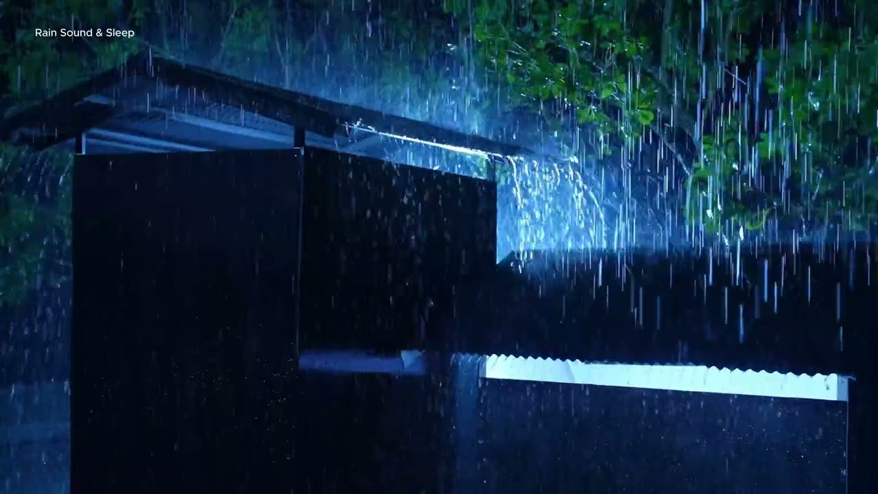 Beat insomnia with heavy rain and lightning on a metal roof at night.