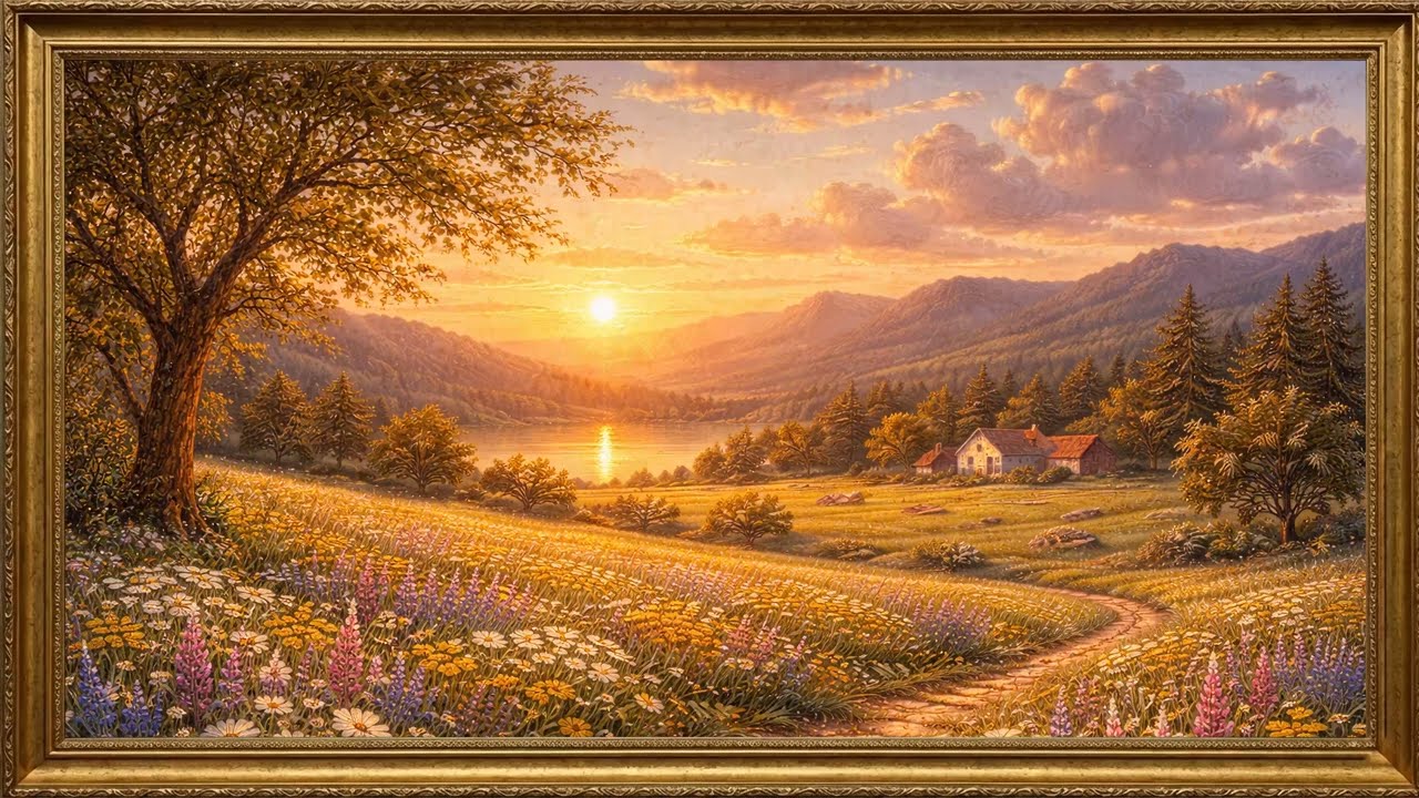 2 Hours Golden Sunset Valley Painting | Warm Countryside Oil Art | Gold Framed for TV 4K Screensaver