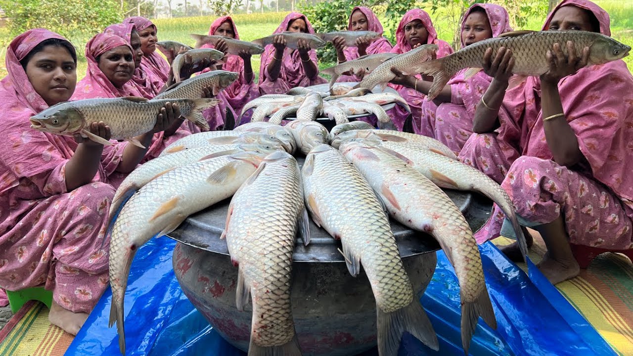 Carp Fish Cooking in Youtube Village - Grass Carp Fish Kosha Curry recipe - Food for 500+ People