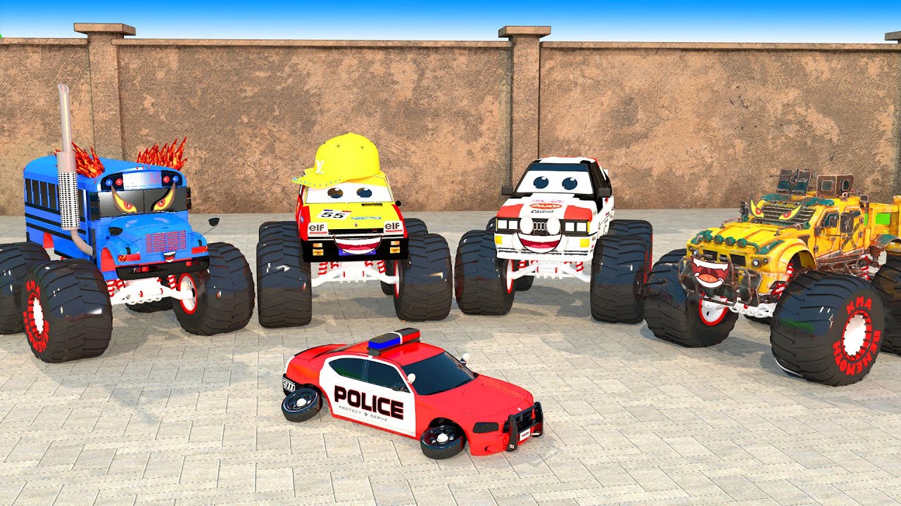 Poor Police Car surrounded by race cars, right? Which car has a broken wheel?