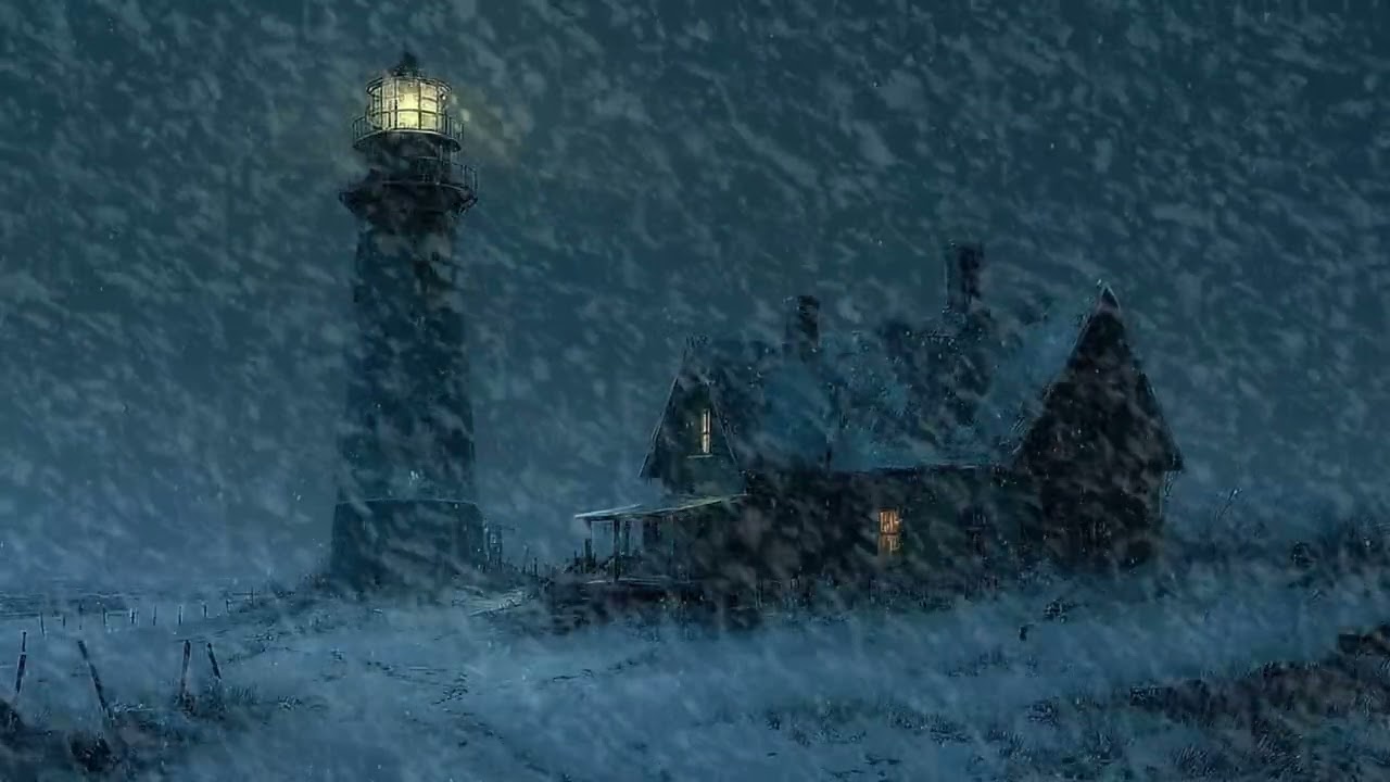 🌪️🌨️ Lighthouse in Blizzard Night | Howling Winds & Heavy Snow | Focus Calm Meditation Stress Relief