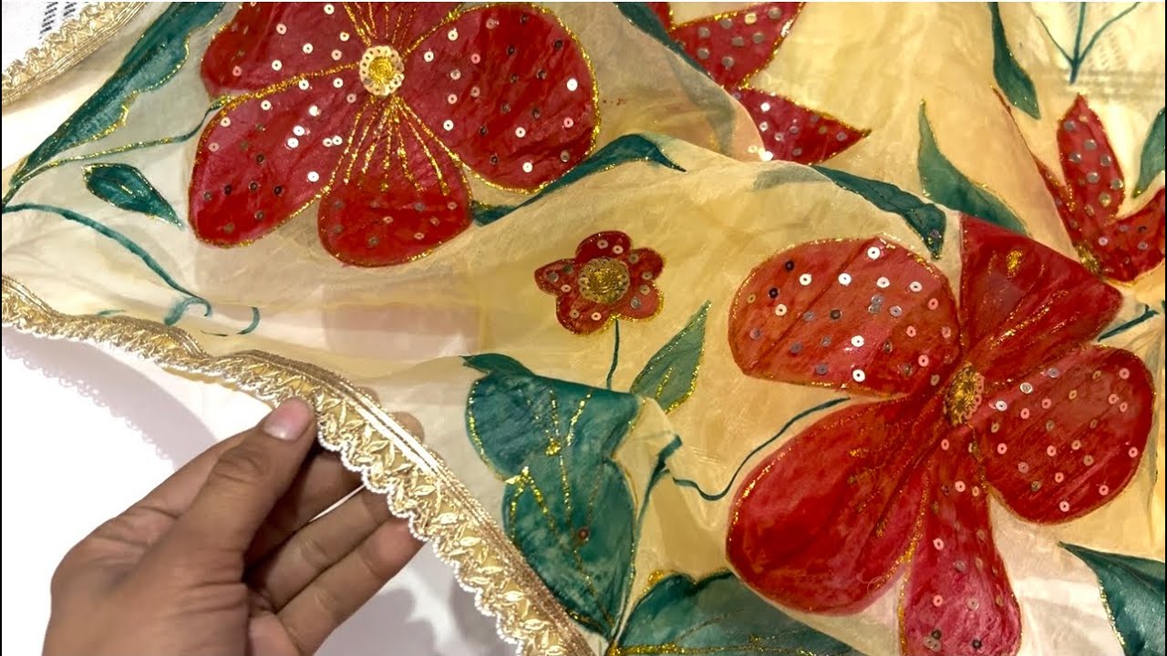 Hand painted embellished Dupatta//￼ hand painting on organza Dupatta