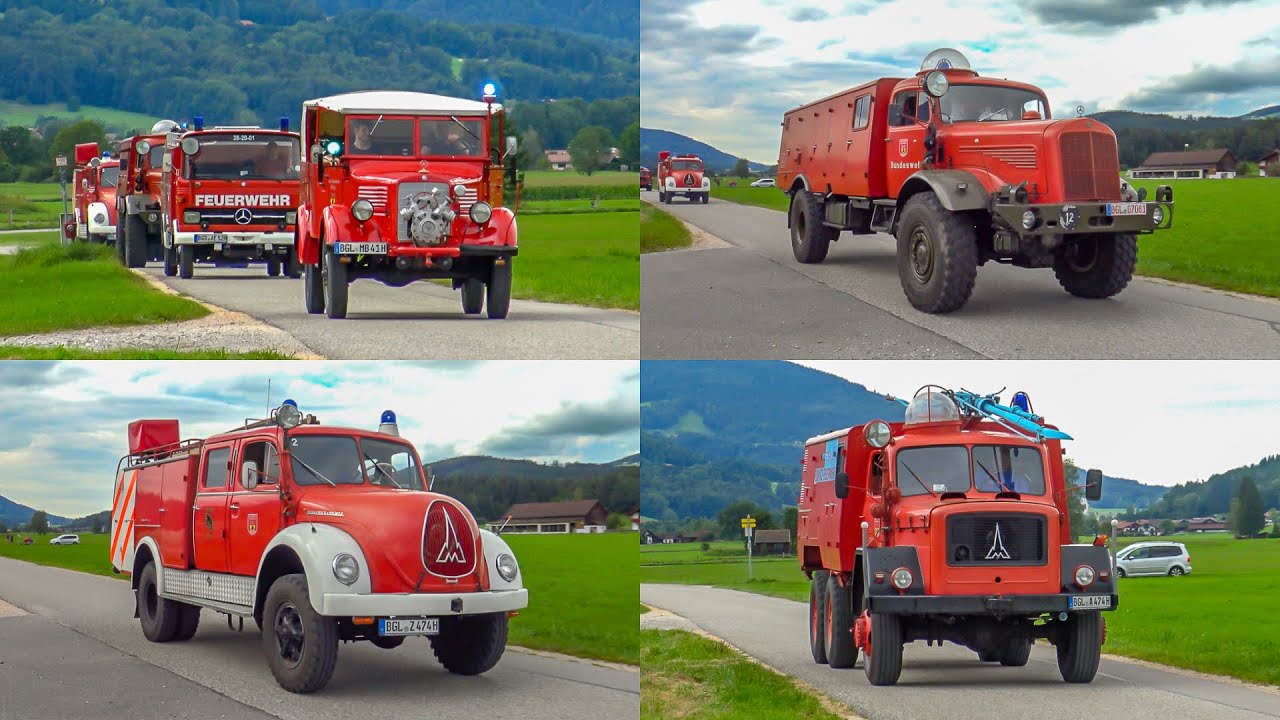 (Oldtimer-Kolonne) MTW, TLF, FLKFZ, TLF und FLKFZ auf Showfahrt (FF Piding)