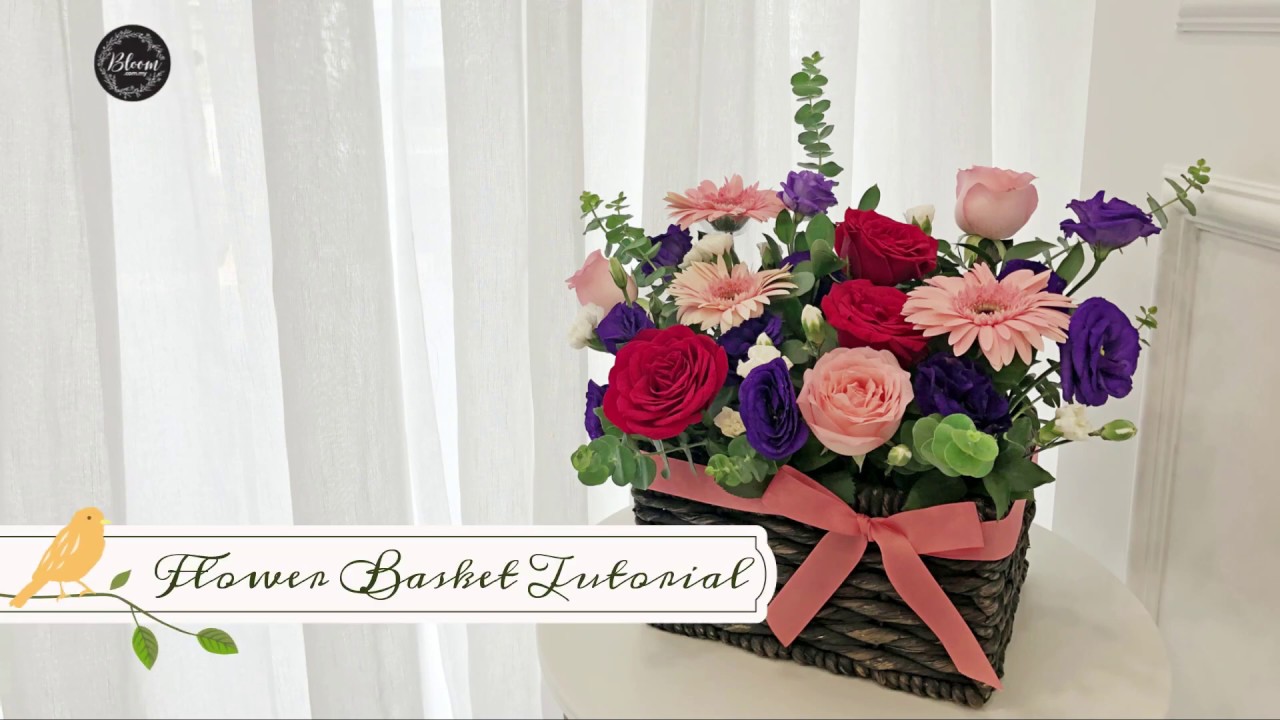 Flower Basket Tutorial #2 - Purple eustoma with red roses, pink roses & pink gerbera