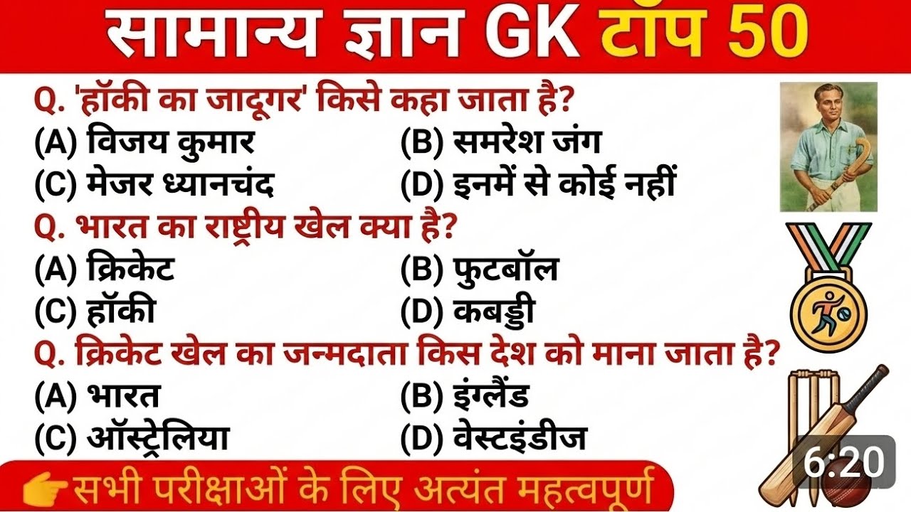 Top Sports GK MCQ: खेल जगत के महत्वपूर्ण प्रश्न | Cricket & Hockey GK | GK in Hindi
