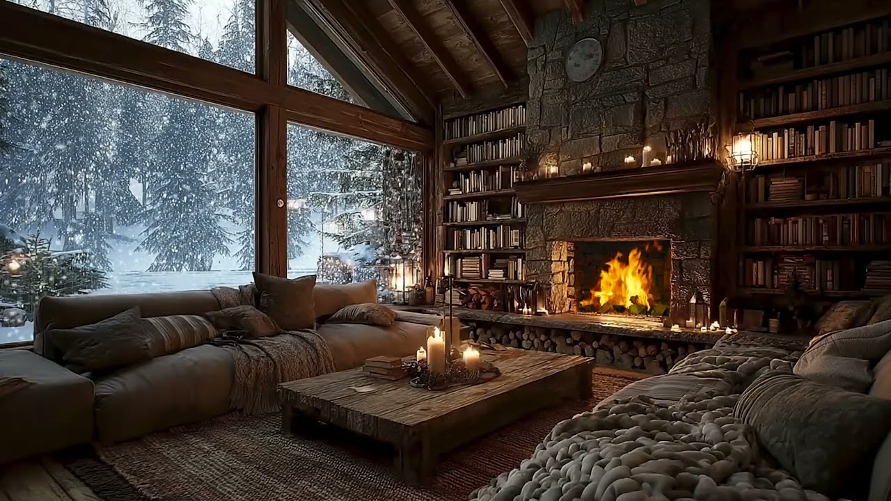 Winter Cabin Piano Retreat | Fireplace Warmth & Falling Snow | Sleep Deep, Release Stress 🌙