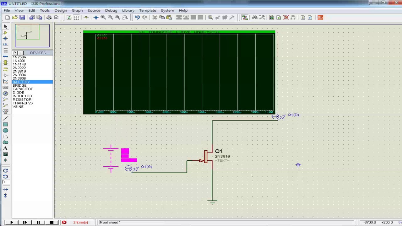 JFET current characteristic curve experiment by PROTEUS