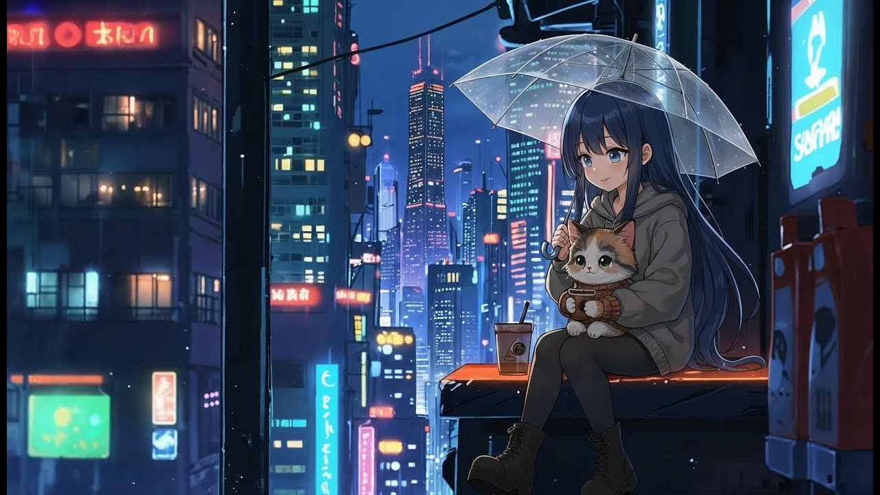 lofi music for studying, working, and unwinding 🐈 a calico wandering through neon rain 🌧️