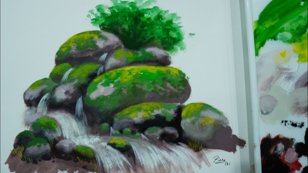 How to paint mossy rocks near waterfall | Natural Scenery Painting