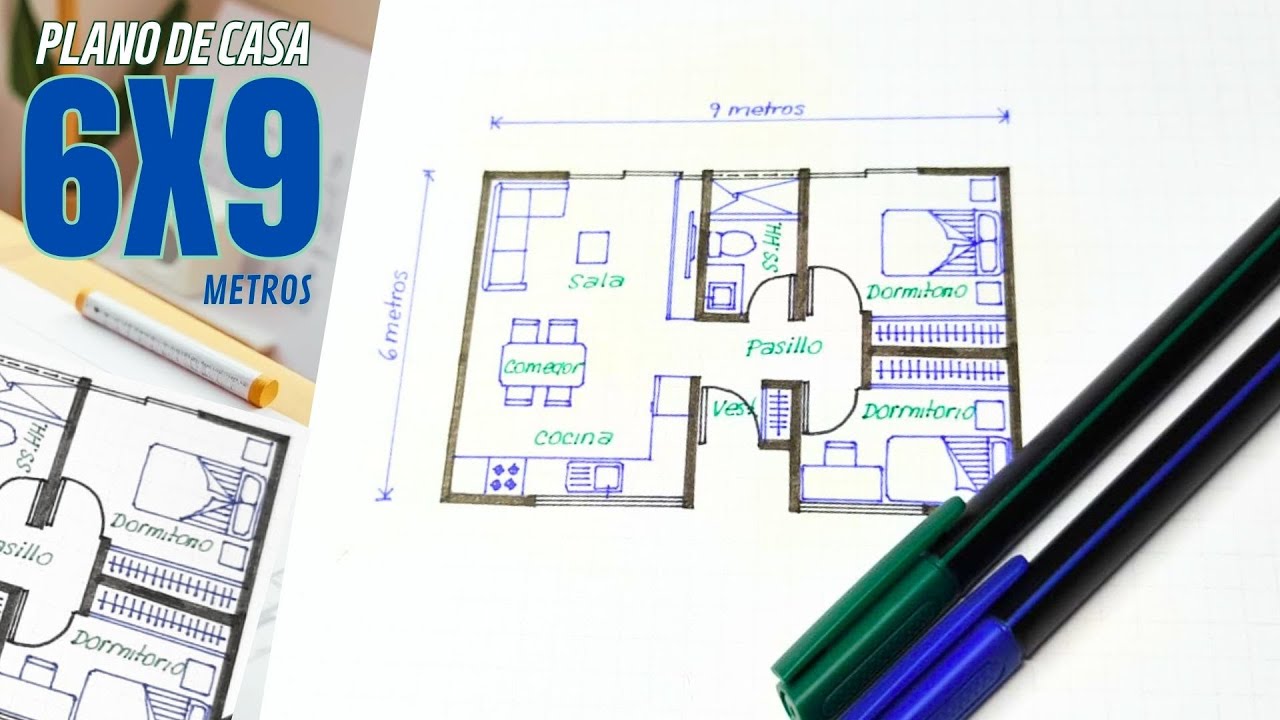 🎨 Dibujando a mano el PLANO de una CASA de 6x9 m 🏡 Casa con DOS DORMITORIOS
