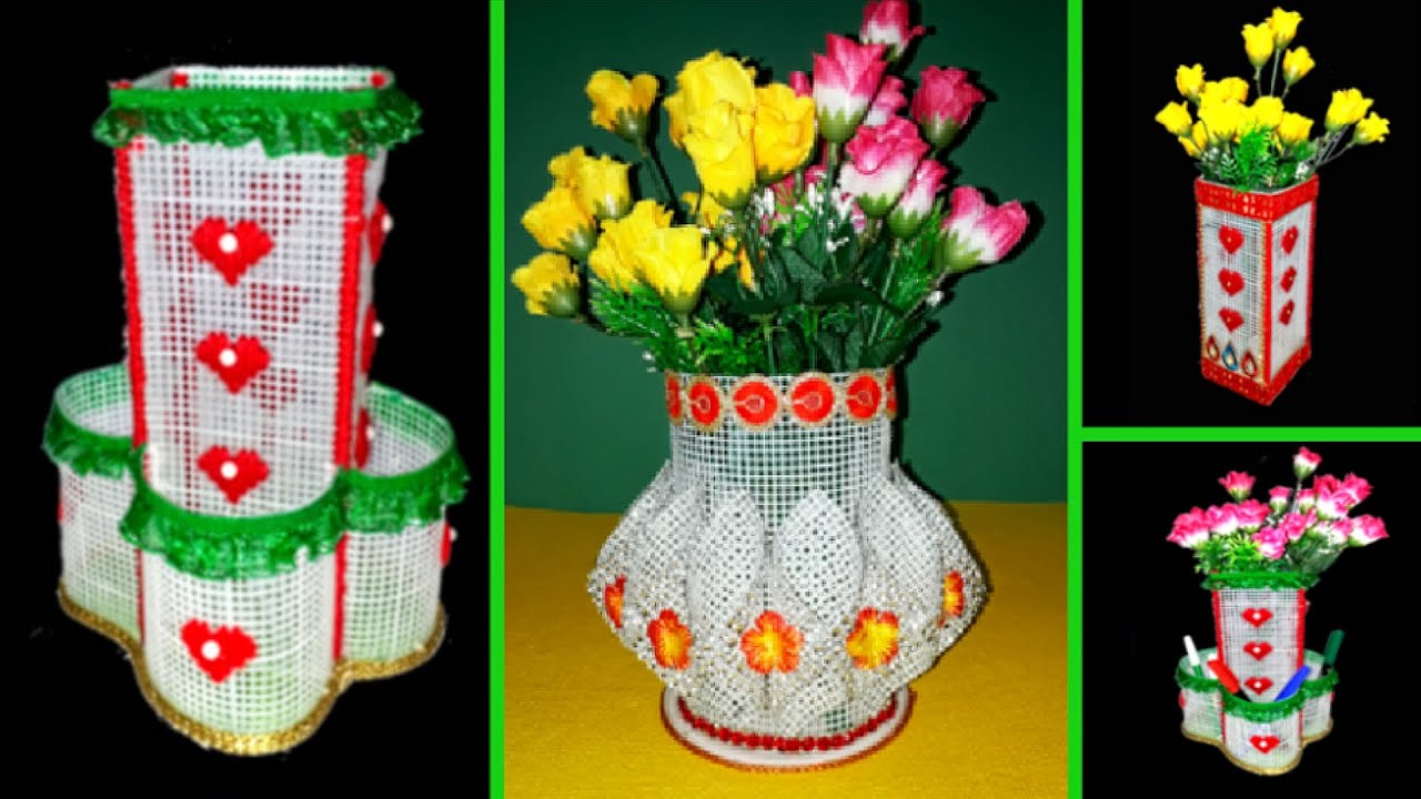 3 Beautiful organizer/flower vase made with Plastic Canvas step by step | Plastic canvas craft idea