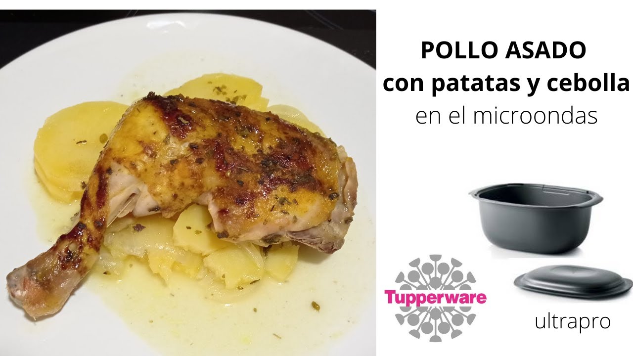 Pollo asado con patatas y cebolla en el microondas