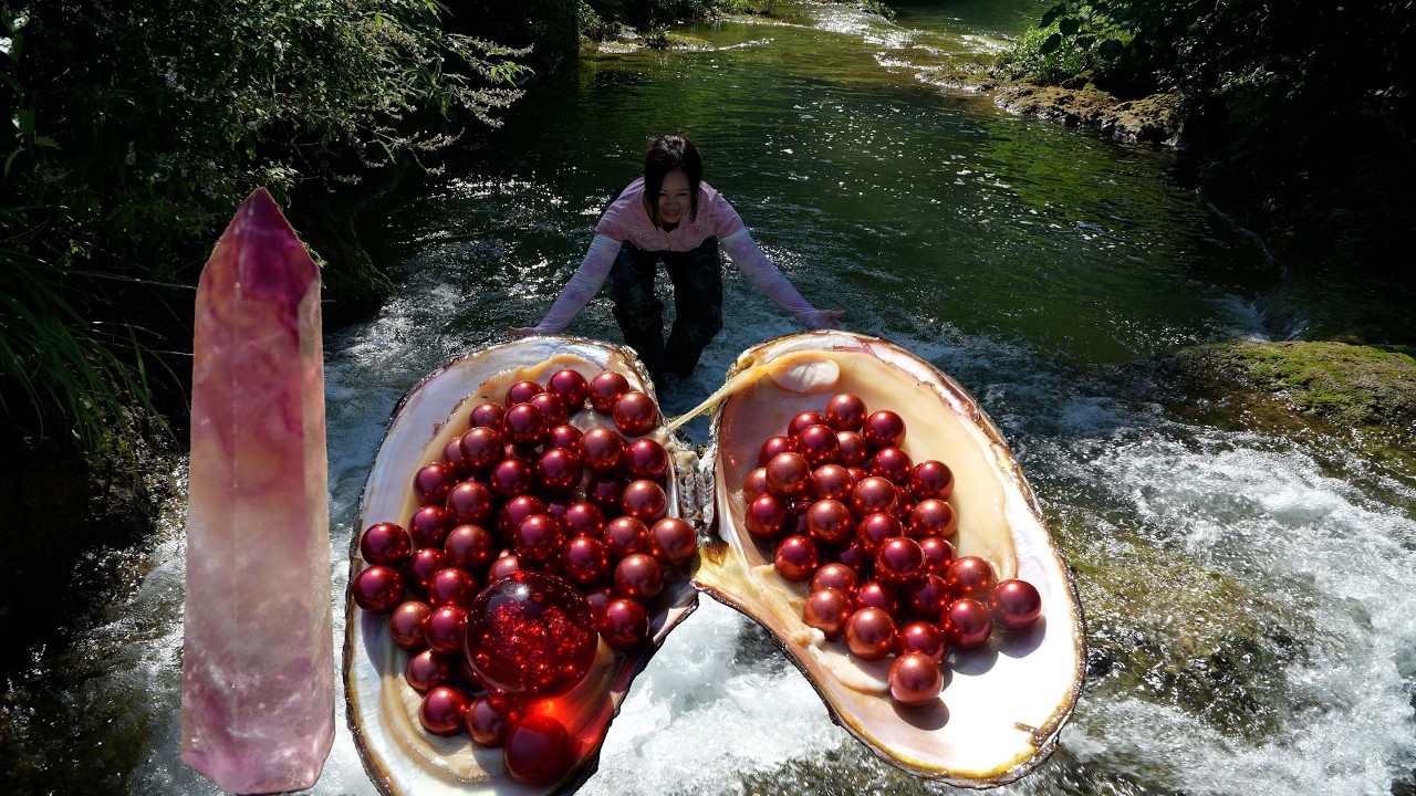 😱Pry open the giant clam, inside there are gorgeous red pearls, high-quality and charming