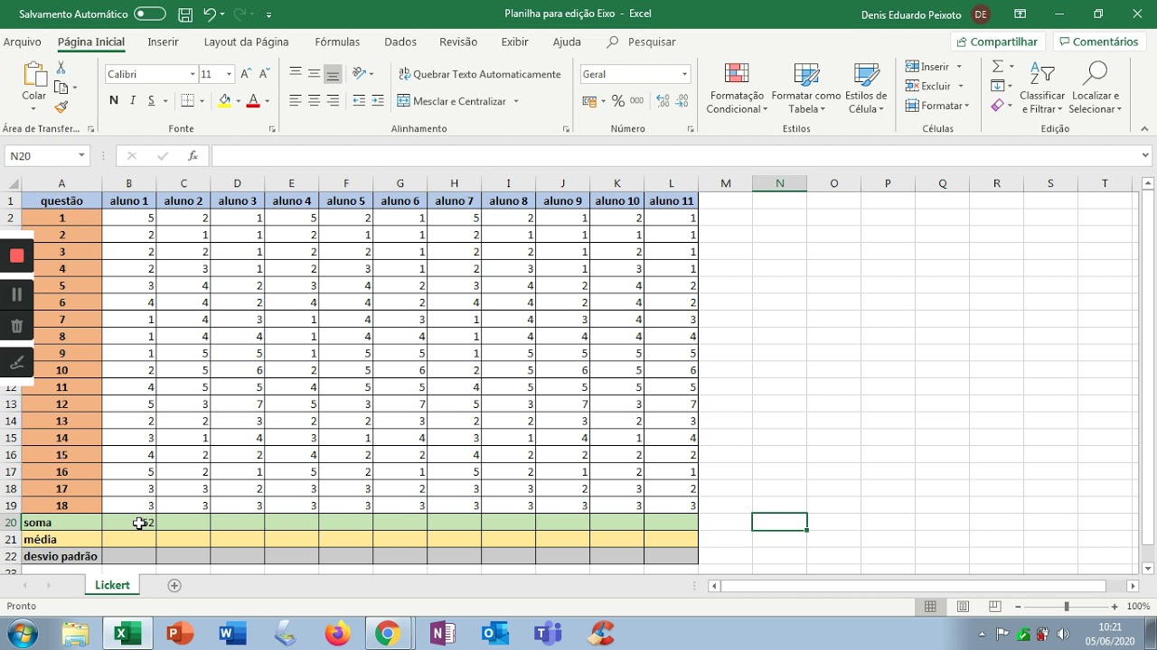 Alfa de Cornbach 1: Editando a planilha para estimativa de confiabilidade de questionário