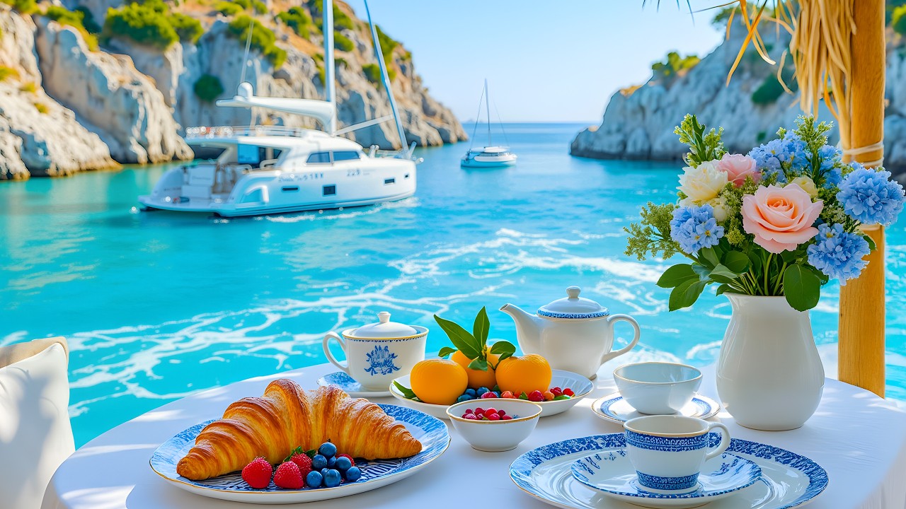 Relaxing Jazz at Mediterranean Summer Seaside Café 🌊 Bossa Nova & Gentle Waves