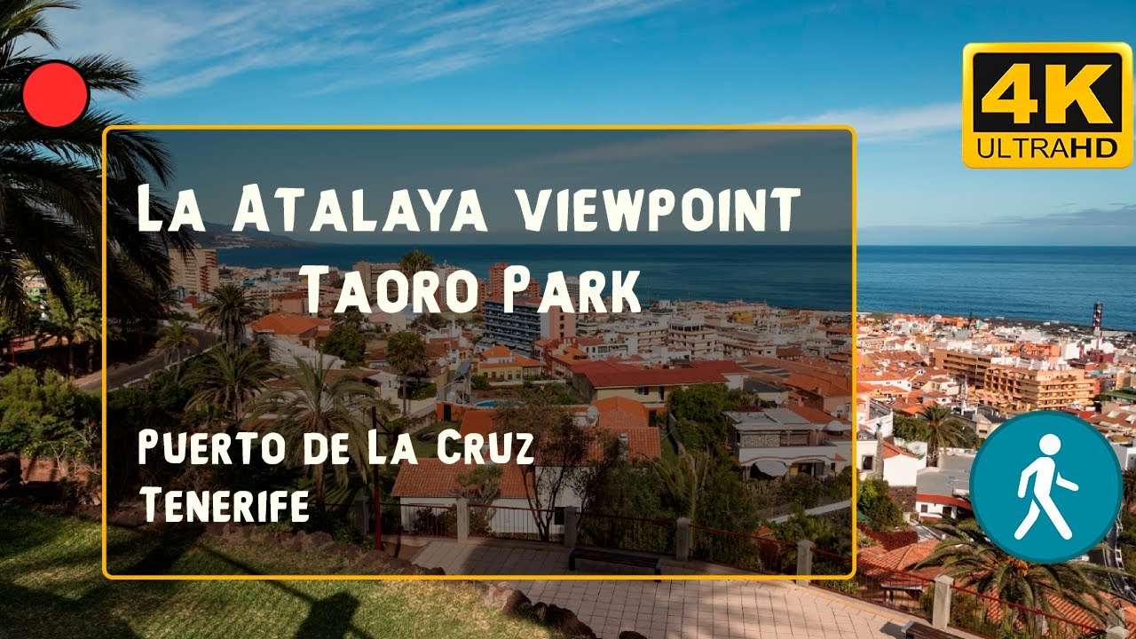 Taoro Park in Puerto de La Cruz, Tenerife. Park overview, cafe, fountain, walk - 4K