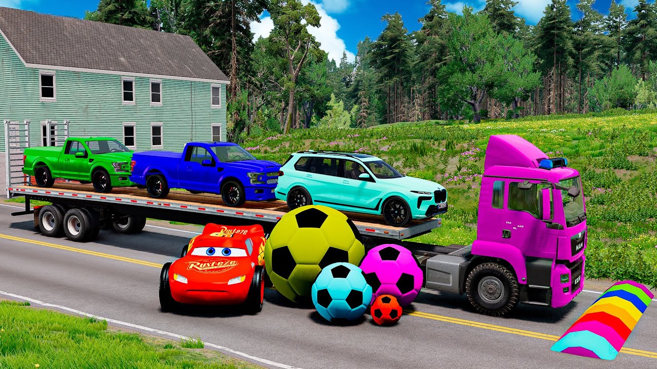 Double Flatbed Trailer Truck vs Speedbumps Train vs Cars | Tractor vs Train Beamng.Drive #005
