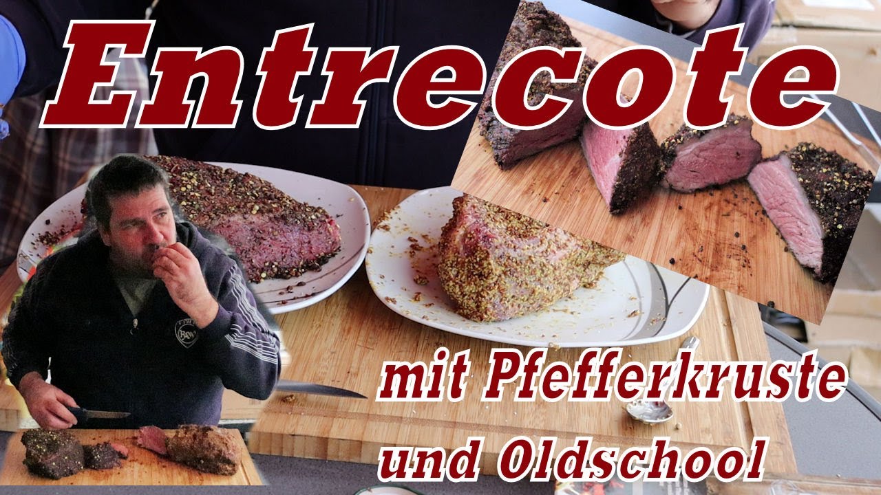 Entrecote mit Pfefferkruste und Oldschool im Weber Kugelgrill