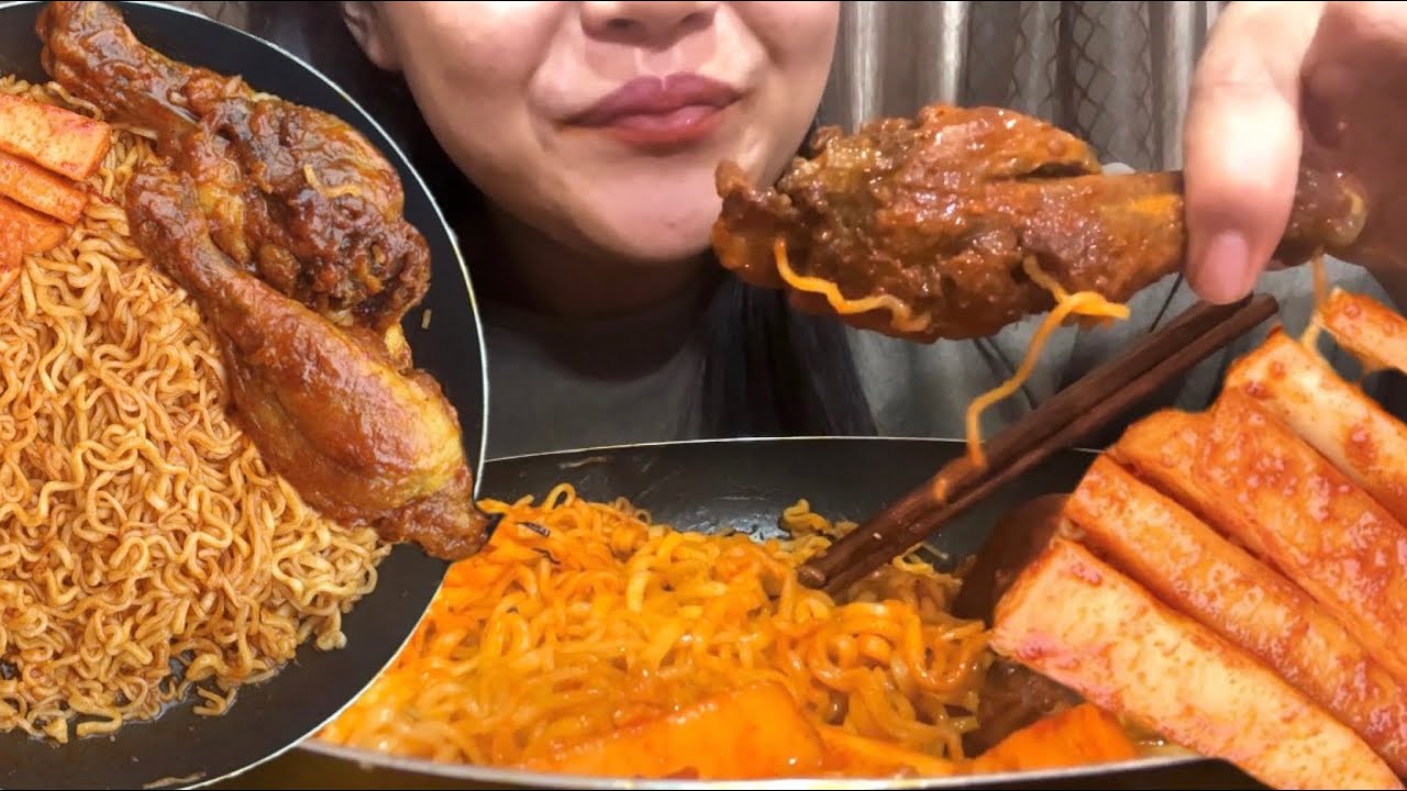 MUKBANG SPICY RAMEN WITH FRIED CHICKEN & RADISH KIMCHI *Home made*