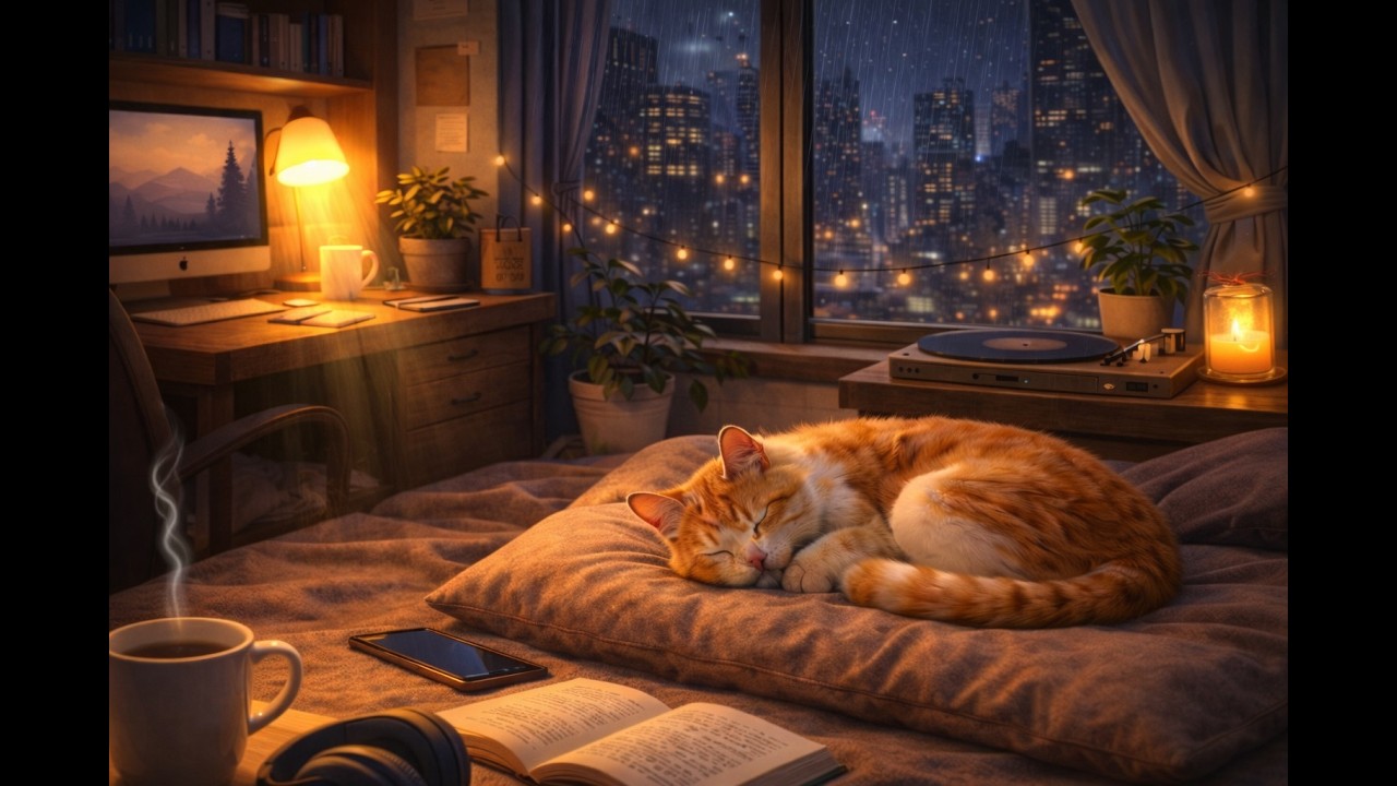 Warm Room, Rain & Sleeping Cat 🐈 | 1 Hour Chill Lofi for Focus