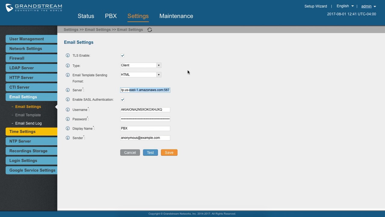Grandstream IP PBX - Configure SMTP Settings - ep108