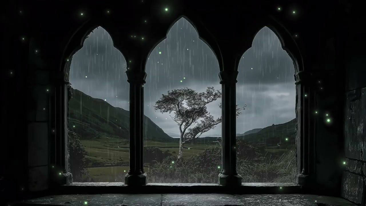Medieval Rain Window View | Ancient Oak Hills & Gentle Storm Ambience for Sleep Study