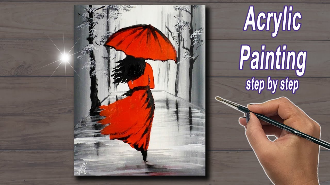 Easy Rainy Season Scenery Drawing for beginners | Girl walking in the rain | Red Umbrella Painting
