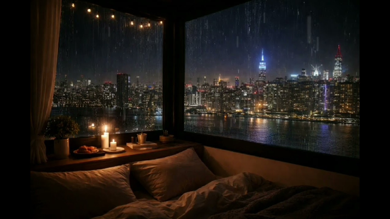 Schlafzimmer mit Skyline von New York bei Nacht | Regengeräusche | Ambience 🌃