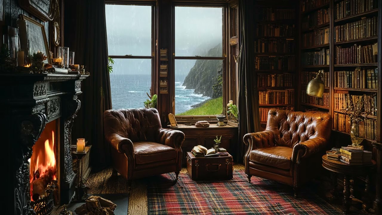 Scottish Library Ambience – Cozy Fireplace, Soothing Piano Sound & Rainy Highlands Sounds for Sleep