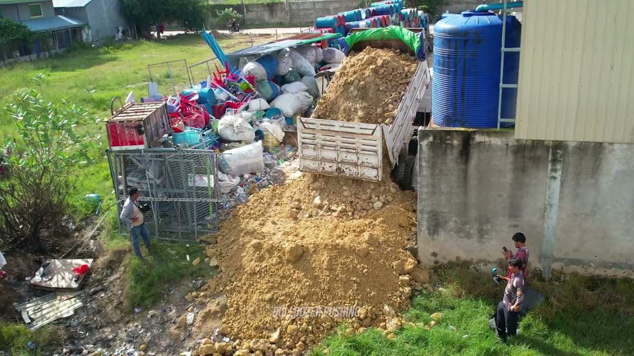 Start a New Landfill Project! Using Skill Driver Dozer D20P Pushing Soil with 5Ton Truck Unloading