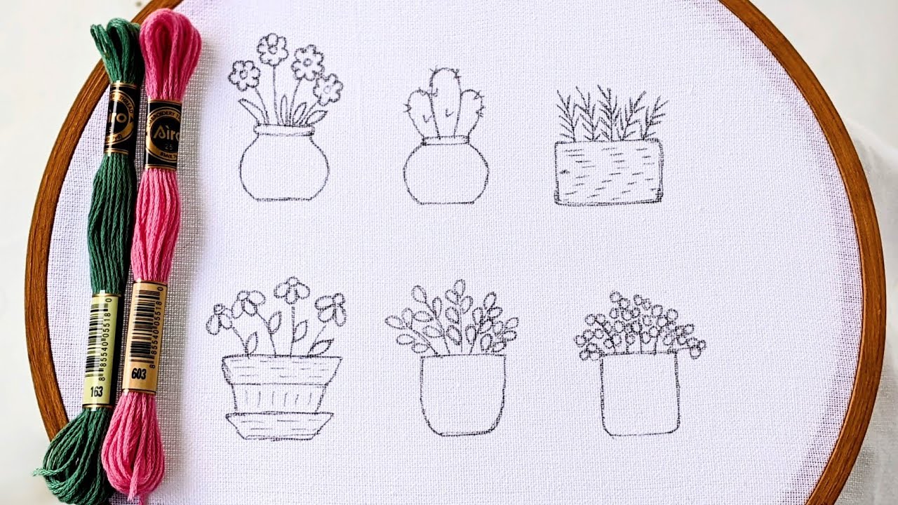 VERY EASY LITTLE FLOWER POTS HAND EMBROIDERY DESIGNS FOR BEGINNERS 