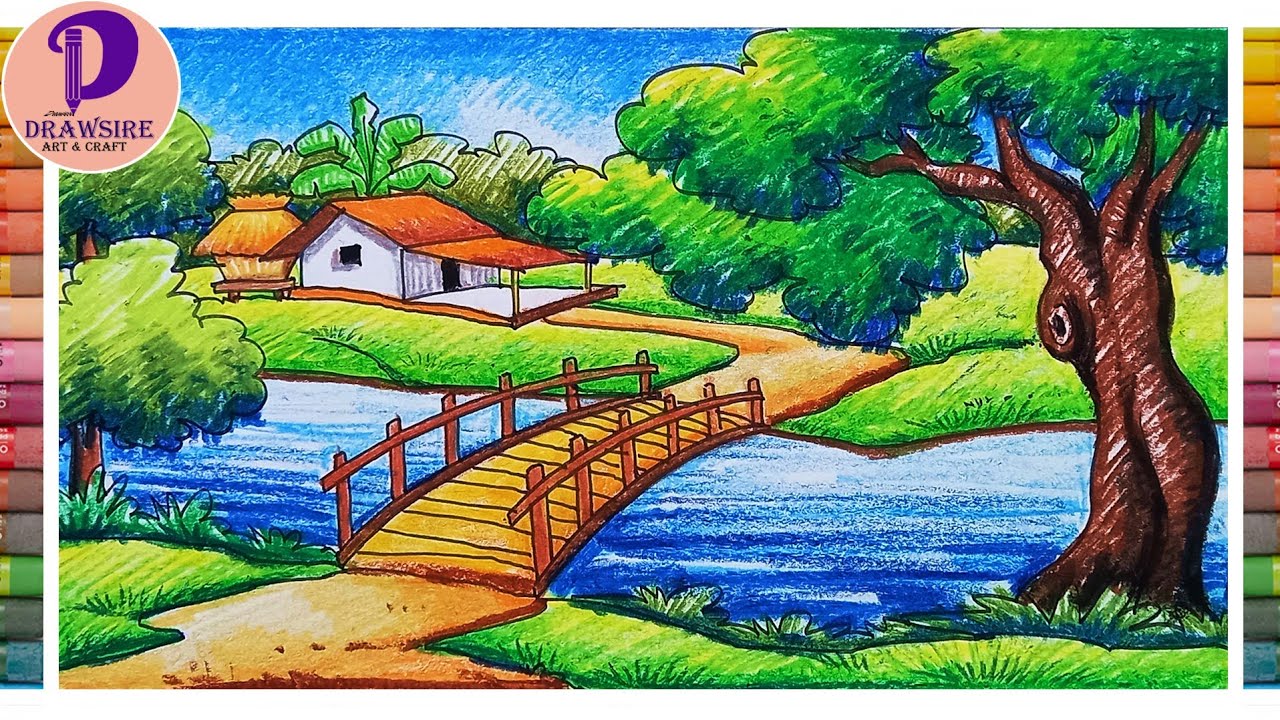 A Beautiful Village Scenery Drawing With Pastel Color _ Realistic Nature Scenery Painting Easy