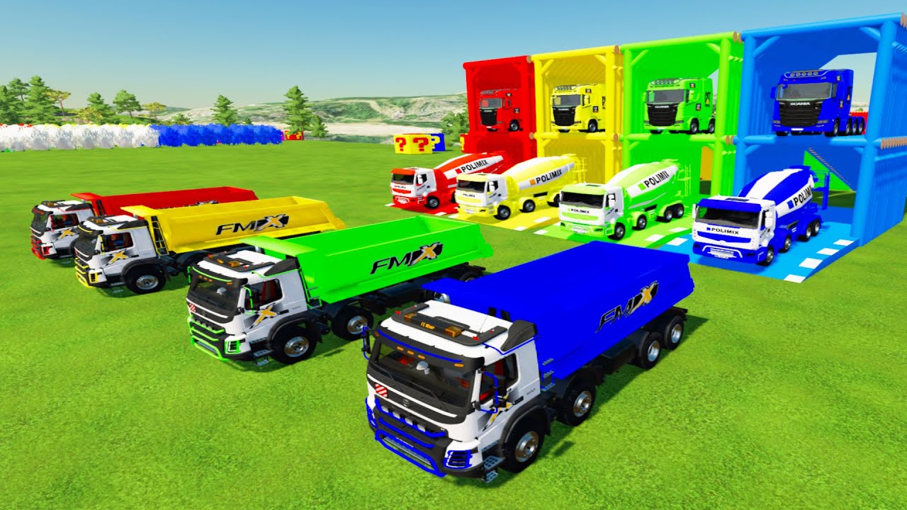 Красочный самосвал Volvo FMX, бетоносмеситель Renault, перевозимый с бортовым прицепом.