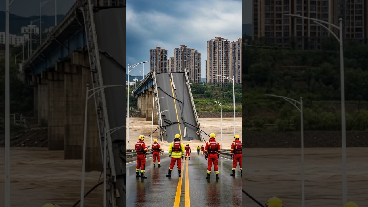Disaster Strikes: Bridge Collapses Suddenly in Flooded City. #shorts
