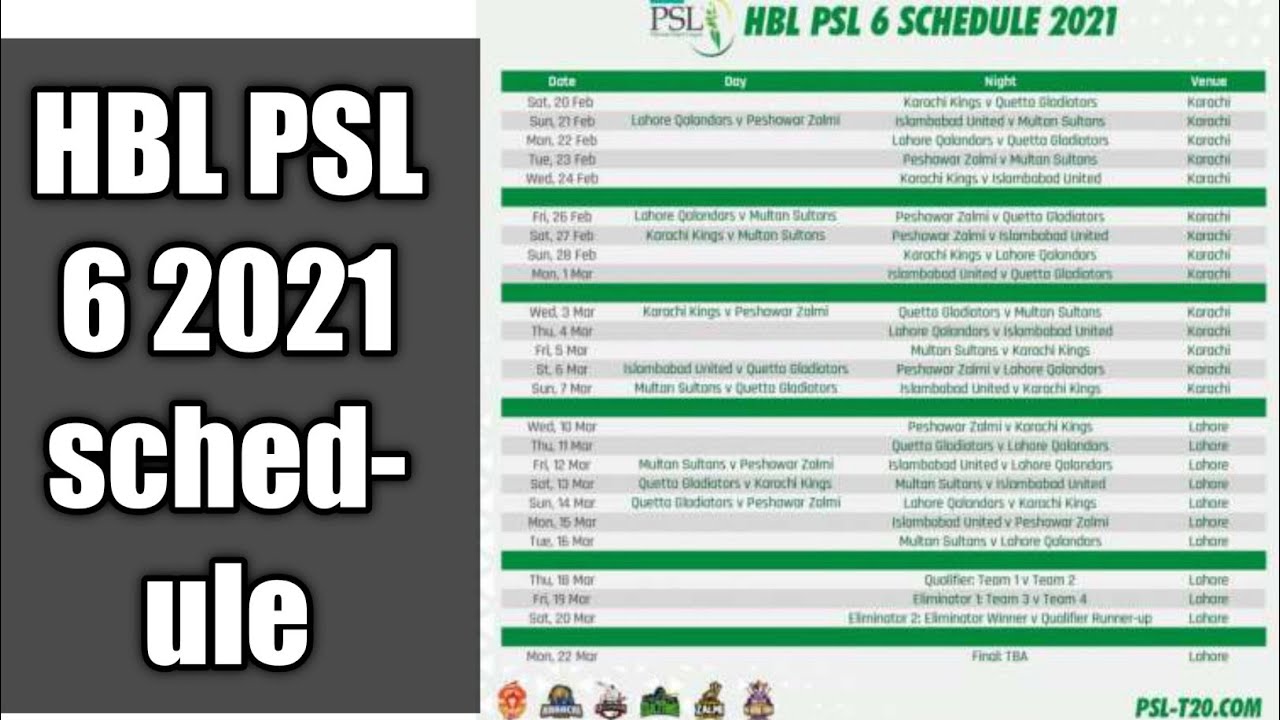 psl 6 2021 match official schedule with timings, venue Pakistan super league
