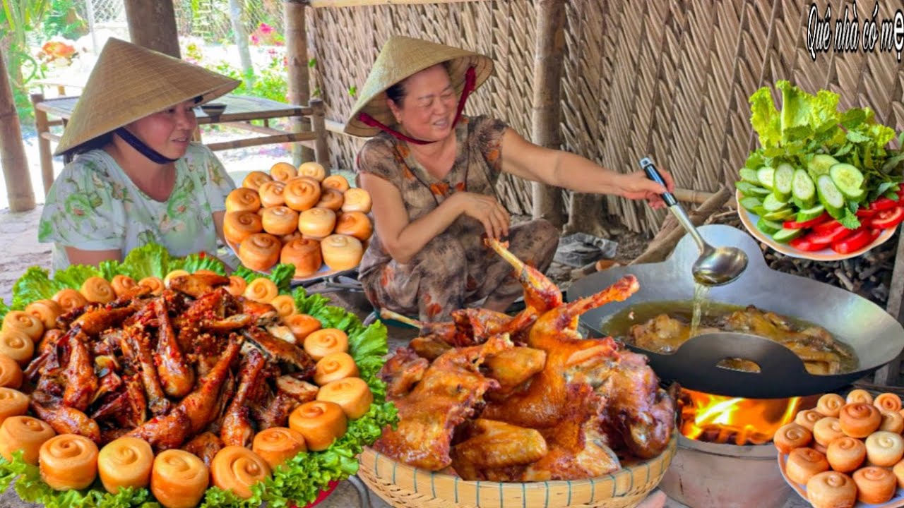 Gà Quay Mắm Nhĩ Da Giòn , Bánh Bao Chiên | Quán Ăn Miệt Vườn Chị Chồng Em Dâu ||Roasted chicken
