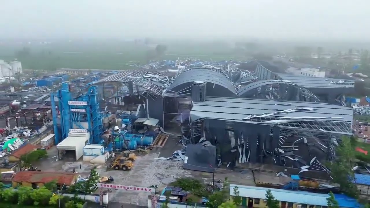 Aerial view of the damage caused by the huge tornado in Shandong province, China