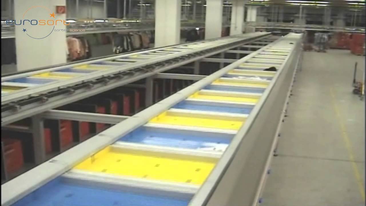 EuroSort -- Single Split Tray (Bomb Bay) Sorter -- Apparel Store Replenishment Application