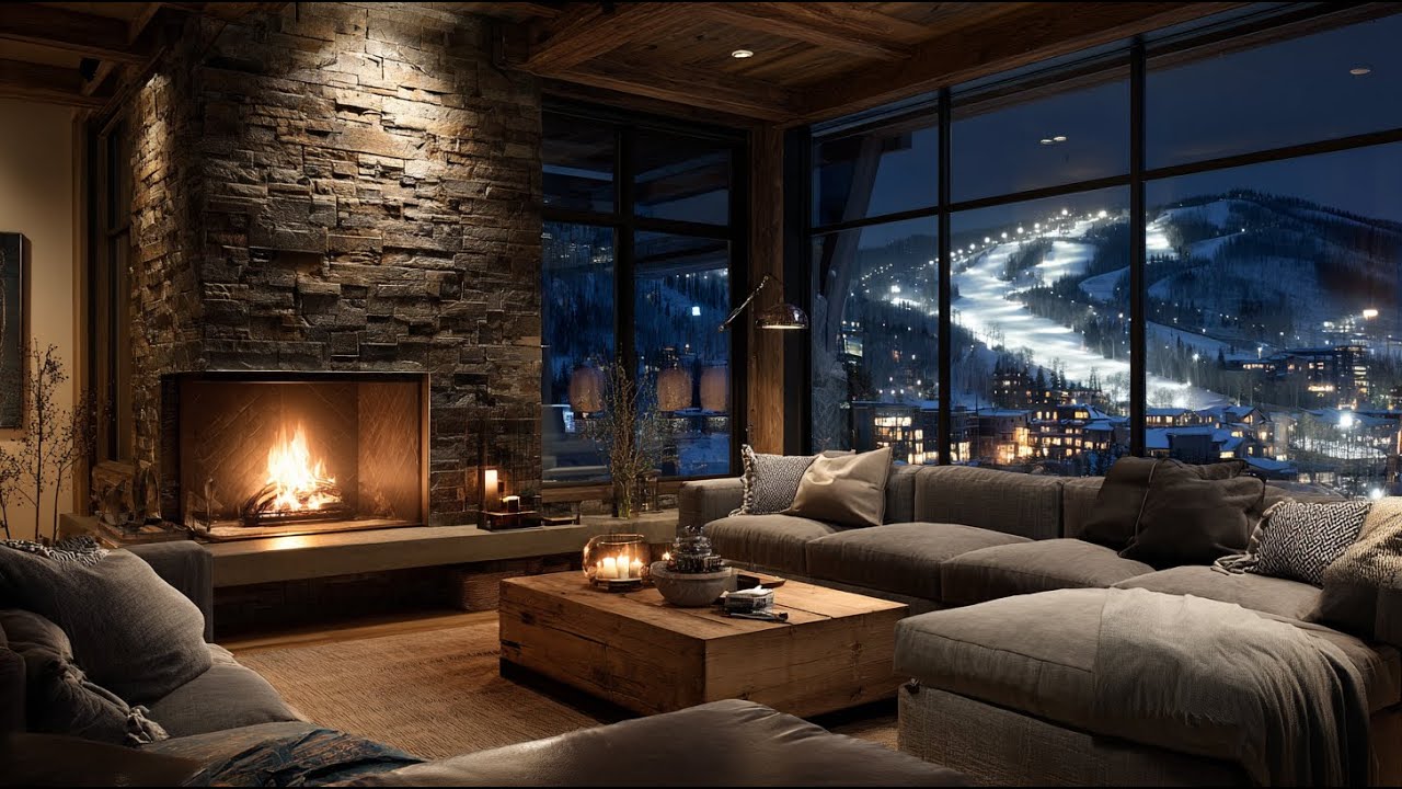 Ski Resort Retreat Ambience ❄️ Cozy Winter Fireplace Ambience with Snowy Mountain View | 3 Hours