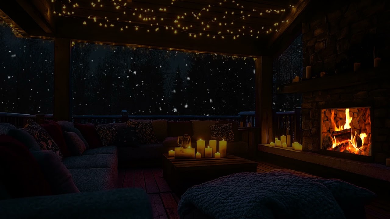 Crackling Fireplace and Snowfall Sounds in a Winter Cabin for Deep Sleep and Stress Relief