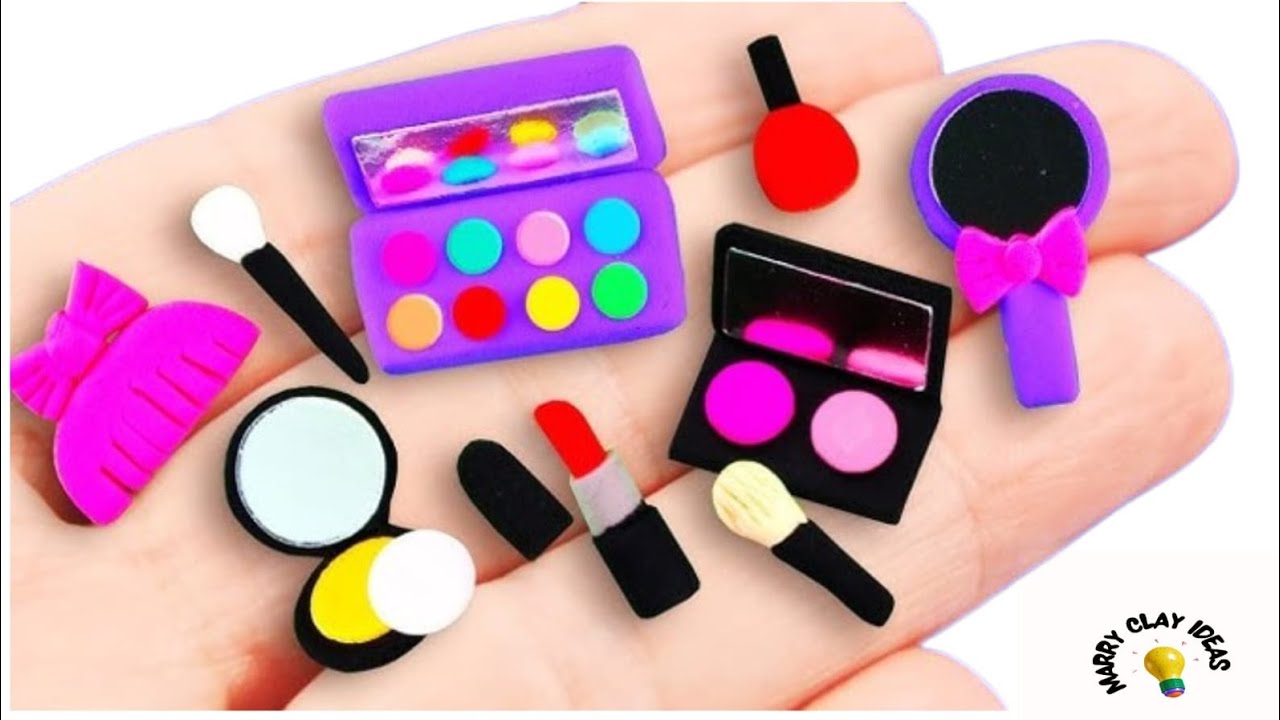 DIY How to Make Polymer Clay Miniature Makeup set with Eyeshadow, Lipstick, Nail Polish, Brush|ASMAR