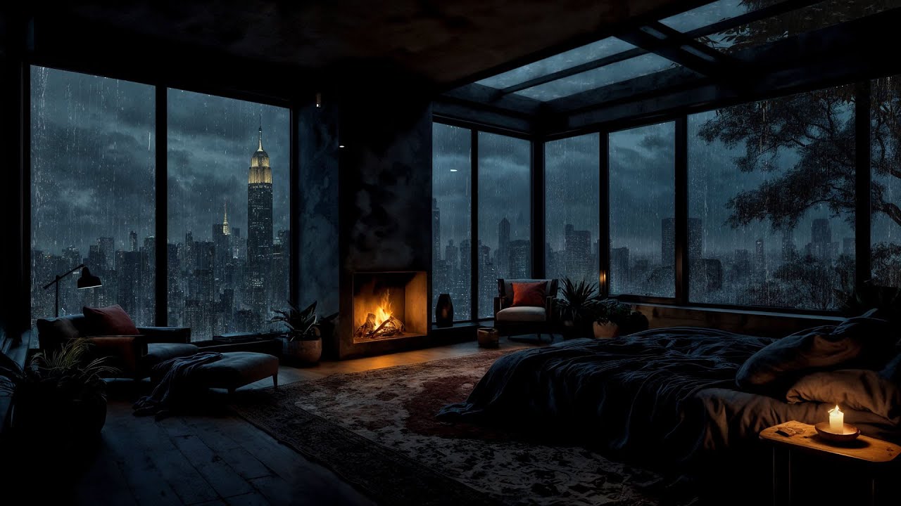 (No Ads) Gentle City Rain in New York 🌧 Window Rain, Warm Bedroom & Fireplace Ambience for Sleep