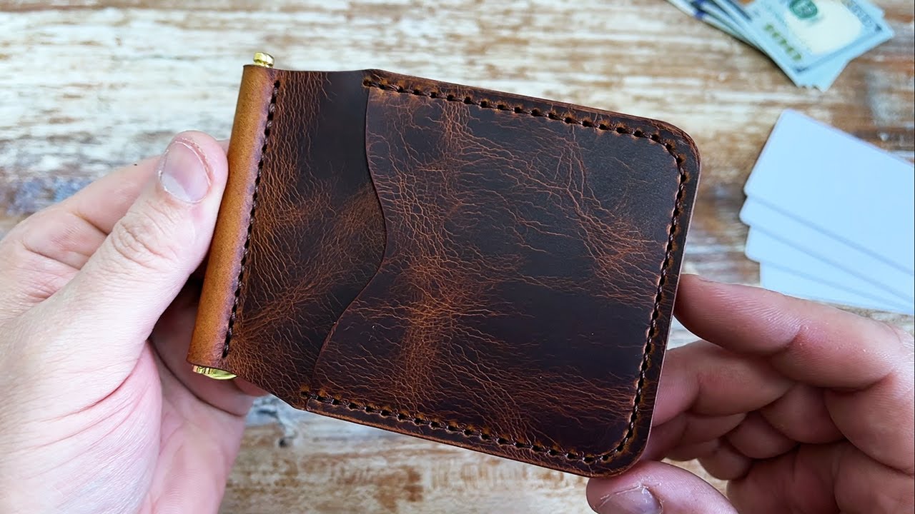 Making leather moneyclip wallet card holder DIY.
