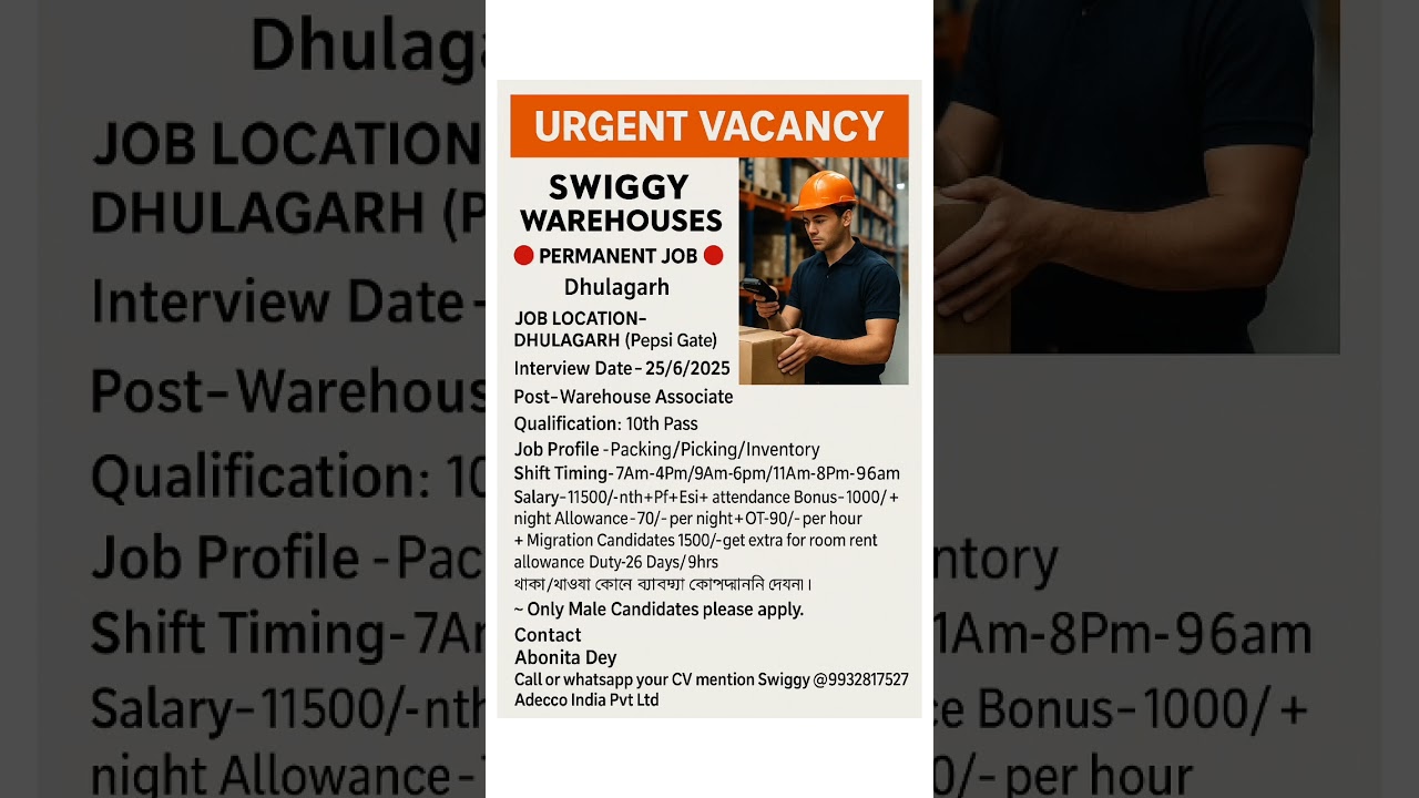 SWIGGY Job  | Warehouse Job | High Salary + Benefits | Walk-in Interview#shorts #interview #jobs