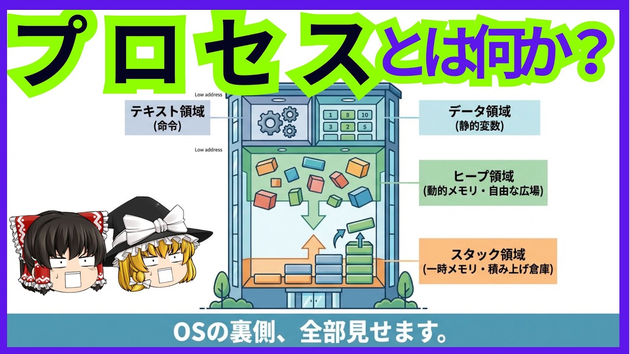 【OSの仕組み】プロセスとスレッドの違いとは？スタック・ヒープ・排他制御まで完全図解【ゆっくり解説】